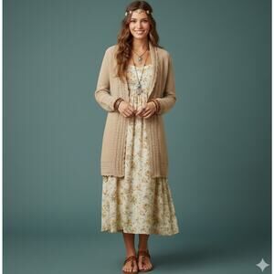 Vtg 90s M Boho Hippie Crochet Open Knit Cardigan Sweater Beige Whimsigoth Long